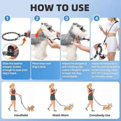 SlowTon Slip Lead for Dogs - Hands Free No Tangle Adjustable 5-7 FT 1/2” Rope, Heavy Duty Nylon Leash for Large Medium Dogs that Pull, No Pull Training Slip Leashes, 20-120lb, Dark Grey