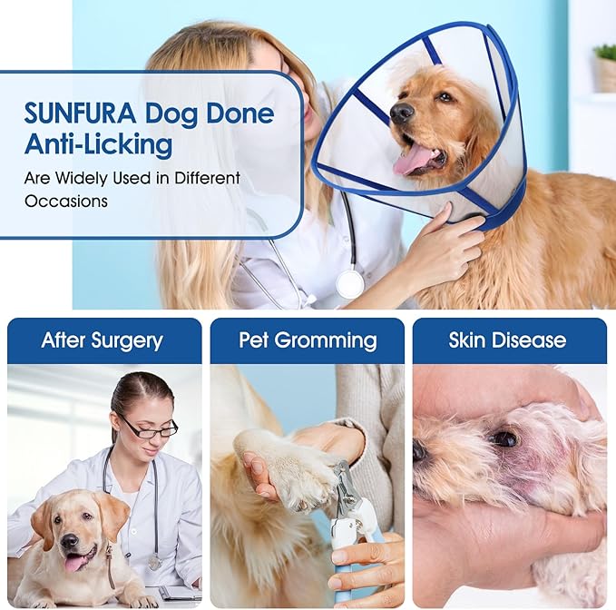 SUNFURA Dog Cones for Small Dogs, Soft Cone for Dogs to Stop Licking, Transparent Dog Cone Collar After Surgery, Neck E-Collar Alternative for Wound Healing, Blue Small