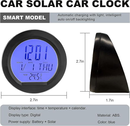Car Digital Thermometer Clock, Solar Powered Dashboard Clock with Automatic Backlight, 24 Hour Format Time, Temperature, Calendar for Car Truck Home