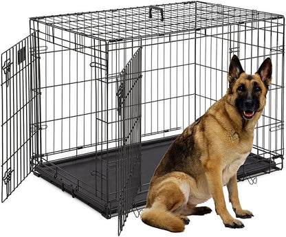 Large Dog Crate, 48 Inch Dog Cage Dual Door Metal Dog Cage with Divider Panel, Leak-Proof Pan, Indoor Outdoor Folding Pet Dog Kennel for Large Pet Animals