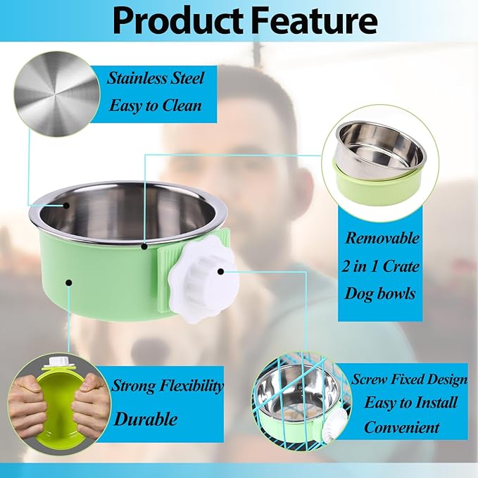 Mechpia 4 Pieces Crate Dog Bowl, Removable Stainless Steel Pet Kennel Hanging Food Water Feeder Bowl Cage Coop Cup for Puppy Medium Dog Cat Rabbit Ferret Bird