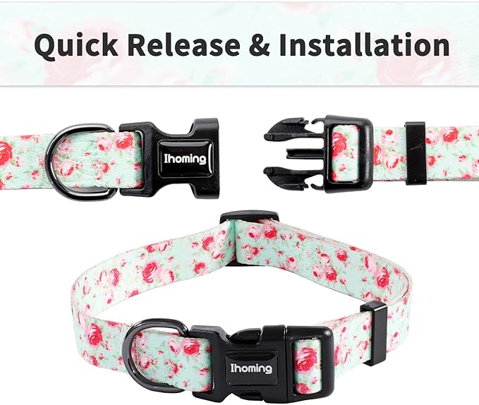Ihoming Dog Collar and Leash Set for Daily Outdoor Walking Running Training, Floral GreenLake Design for Medium Boys Girls Dogs Cats Pets, M-Up to 45LBS