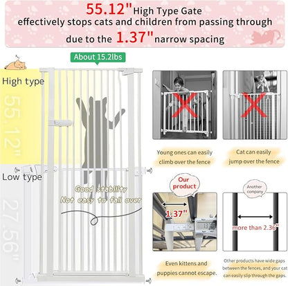 Lumizone Extra Tall Cat Gate 55.12" High Pressure Mounted Extra Wide 2025 New (17 Sizes) 1.37" Gap No Drilling Auto-Close One-Handed Operation Tall Pet Gate for Dogs(White, 55.12" H x 26.18"-29.91" W)