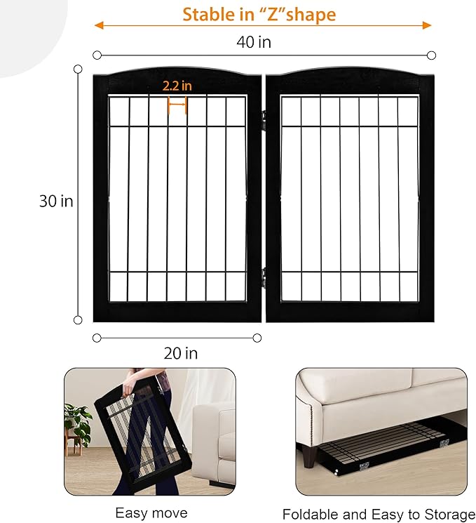 LZRS 2-Panel Freestanding Adjustable Wooden Dog Gate—30” Tall Foldable Pet Barrier with Support Feet, Solid Hardwood & Chew-Resistant Steel Wire for Doorways, Hallways, and Stairs, Black