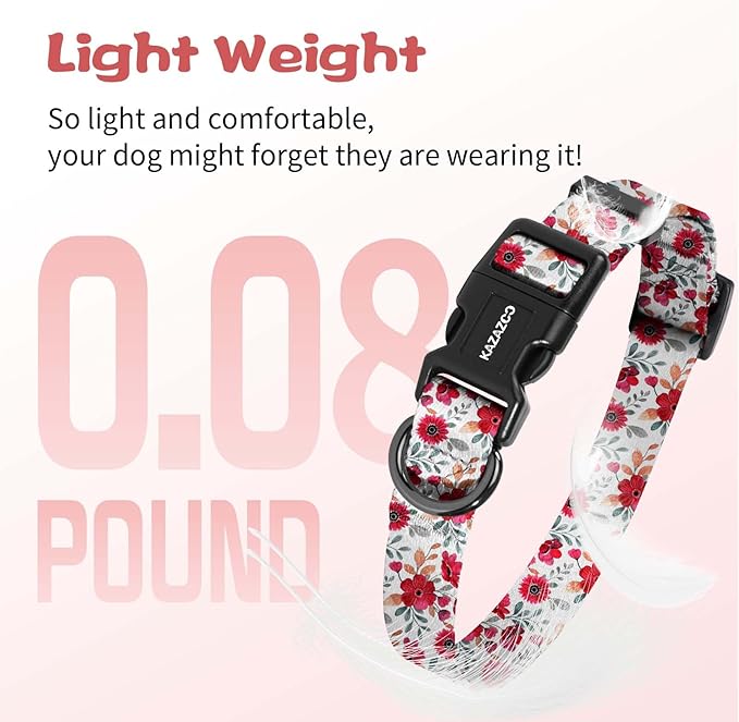 Kazazoo Dog Collar Cute and Soft Nylon Puppy Collar for Boy and Girl, Adjustable Dog Collars for Medium Large Dogs, Red Flowers-L