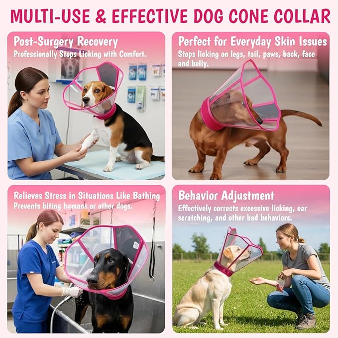 Adjustable Deep Dog Cone Collar for Dogs to Stop Licking, Soft Transparent E Collar for Medium Dogs After Surgery, Comfort Wound Recovery Cones with Padding, Foldable & Easy-Clean Pet Cone(Rosered, M)