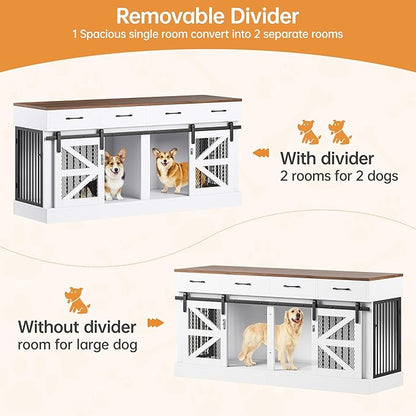Dog Crate Furniture with Removable Divider & 4 Storage Drawers - 71" Large Wooden Dog Kennel Indoor End Table for 2 Dogs, Multi-Functional Dog Cage Furniture for Medium & Large Dogs