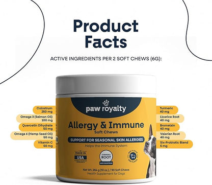 Allergy & Immune Support for Dogs | Colostrum, Postbiotics, Quercetin & Turmeric for Seasonal Allergy Relief & Skin Health | Dog Immune System Supplement | Beef Flavor Soft Chews, 90 Count