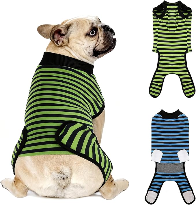 Dog Recovery Suit, 2 Packs, Breathable Cotton, Abdominal Wounds Protection, Anti-Licking Onesies for Male Female Pets, Surgery Bandages, Size S, Blue & Green Stripes