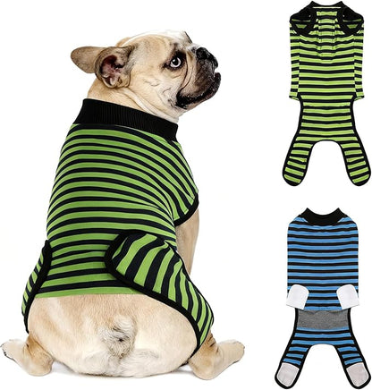 Dog Recovery Suit, 2 Packs, Breathable Cotton, Abdominal Wounds Protection, Anti-Licking Onesies for Male Female Pets, Surgery Bandages, Size S, Blue & Green Stripes