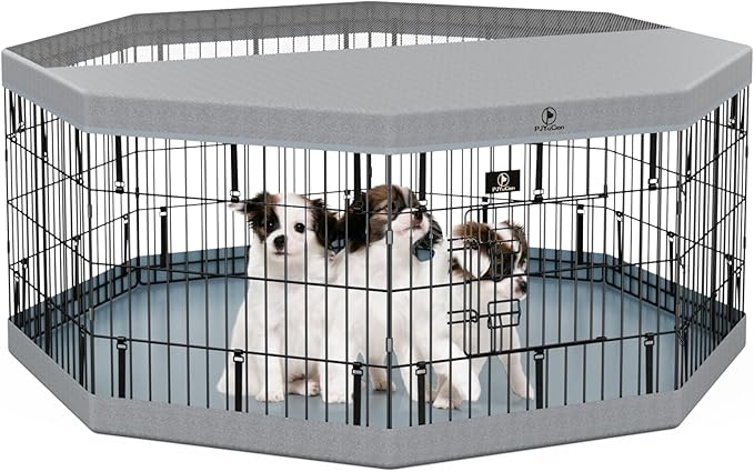 PJYuCien Dog Playpen with Top Cover and Bottom Pad - Metal Foldable Exercise Pen, 8 Panels 24" H x 24" W Indoor Outdoor Pet Fence Puppy Crate Kennel, Gray