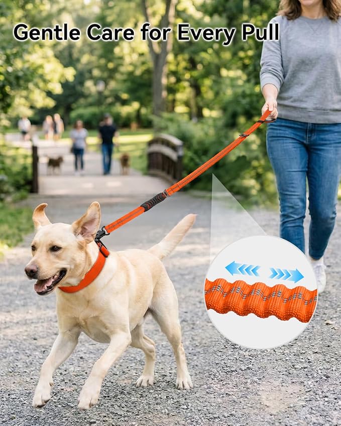 Joytale Tactical Dog Leash Heavy Duty, 4-6FT Shock Absorbing Bungee Lead with 2 Padded Handle, Metal Carabiner Clip, Car Seatbelt, Strong No Pull Leash for Medium Large X-Large Dogs, Orange
