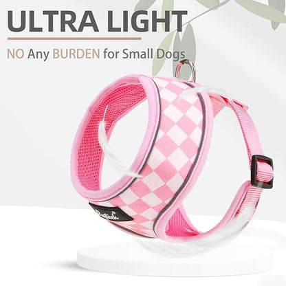 PUPTECK Soft Mesh Dog Harness and Leash Set Pet Puppy Cat Comfort Padded Vest No Pull Harnesses, Checkered Pink&White, S