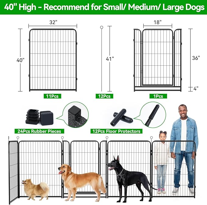 Kfvigoho Dog Playpen Outdoor Extra Wide 12 Piece Panels Heavy Duty Anti-Rust Coating-Strengthened Dog Fence 40" Height with Doors Portable for RV Camping Yard, Total 32FT, 79 Sq.ft, Snowy Black