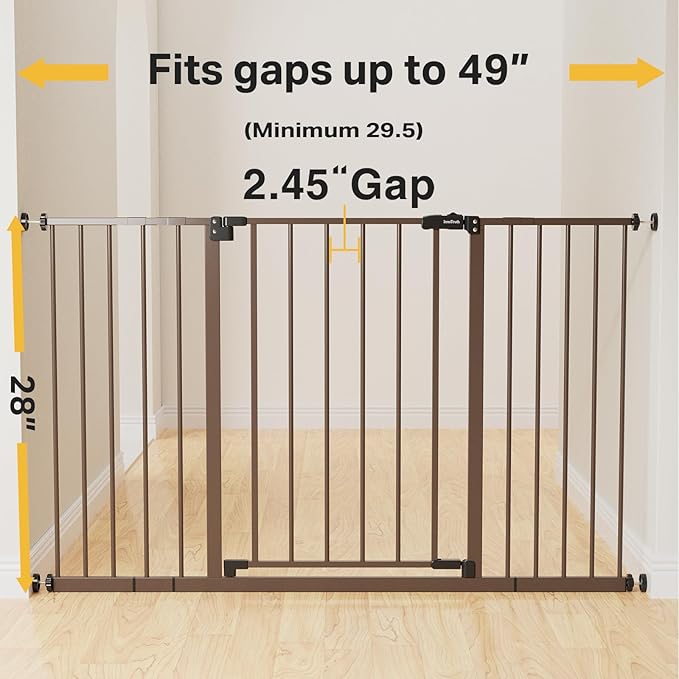 InnoTruth 28.9-49" Baby Gate for Doorways, 28" Tall Extra Wide Doggy Gates for Stairs One-Hand Opening, Easy Walk Thru Dual Lock Dog Gates for The House, Kitchen, Balcony, Easy Install Kid Gate,Brown