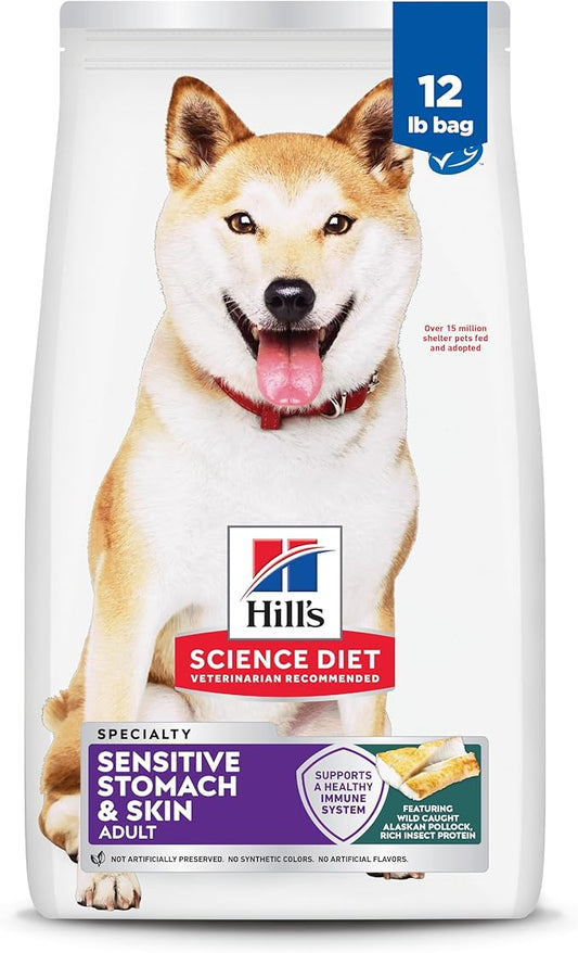 Hill's Science Diet Adult Sensitive Stomach & Skin Dry Dog Food, Pollock Meal, Barley, & Insect Meal, 12 lb. Bag