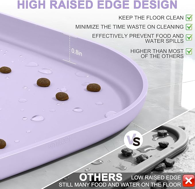 Smilool Silicone Pet Food Mat with Raised Edge for Food and Water Bowl, Dog Feeding Mats, Cat Food Trays for Floor Waterproof, Rubber Tray for Dogs and Cats, 22 x 14 x 0.8 Light Purple