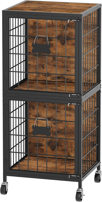 MAHANCRIS Dog Crate Furniture for 2 Dogs, 48.8" Tall Double Dog Kennel Furniture for Small Medium Dogs, 2-Tier Dog Cage End Table with Name Tags & Wheels, Decorative Dog House, Rustic Brown DCHR5401