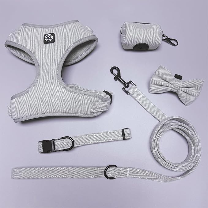 EVERKING 5-Piece Dog Travel Set, Adjustable Harness, Leash, Collar, Poop Bags, Bowtie for Small Medium Dogs, Beige, Breathable No-Pull Design (Slate Gray, M)