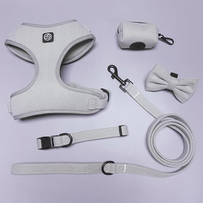 EVERKING 5-Piece Dog Travel Set, Adjustable Harness, Leash, Collar, Poop Bags, Bowtie for Small Medium Dogs, Beige, Breathable No-Pull Design (Slate Gray, M)