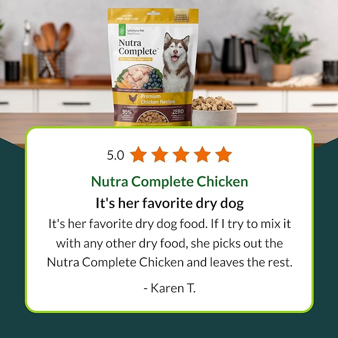 ULTIMATE PET NUTRITION Nutra Complete Freeze Dried Raw Dog Food, Veterinarian Formulated with Antioxidants, Prebiotics & Amino Acids (1 Pound, Chicken)