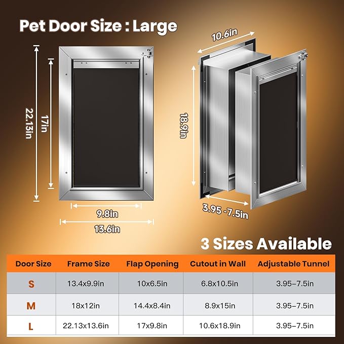Dog Door for Wall, Large Doggie Door, Heavy Duty Pet Door with All Aluminum, 2 Magnetic Flaps, Wide Telescoping Tunnel, Sliding Lock Panel Doggy Door for Exterior Wall (Pets Up to 110 LB)
