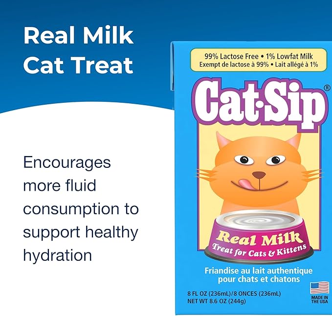 Pet-Ag Cat-Sip Real Milk Treat - 8 oz, 12 Pack - Ready-to-Feed Snack for Cats & Kittens - Easy to Digest with 99% Lactose-Free, Low-Fat Grade A Milk - Encourages Hydration - Promotes Eye, Heart Health