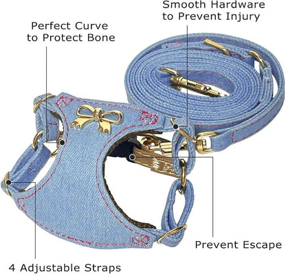 No Pull Dog Harness and Leash Set for Small Sized Dog Training; Puppy Harnesses with Multifunction Dog Leash, Soft Adjustable Denim No Choke Escape Proof Pet Harness for Small and Medium Dog (Blue XS)