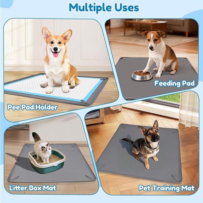 Puppy Pad Holder, 24” x 24” Dog Pee Pad Holder Tray with 4 Magnetic Clips, No Spill Raised Edge Indoor Silicone Dog Potty Trays, Leak-Proof Square Dog Toilet Training Pads Mat for Floor Protection