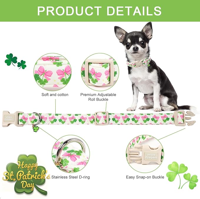 Unique style paws Dog Collar Plastic Buckle with Pendant Puppy Collar for Saint Patrick Bow Clover for Small Medium Large Boys Girls Dogs