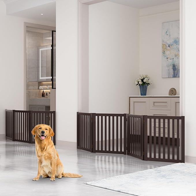 WELLAND 24" Freestanding Pet Gate, Foldable Wooden Dog Gate, 4 Panel Step Over Fence, Indoor Puppy Gate, Expands Up to 80" Wide, Espresso