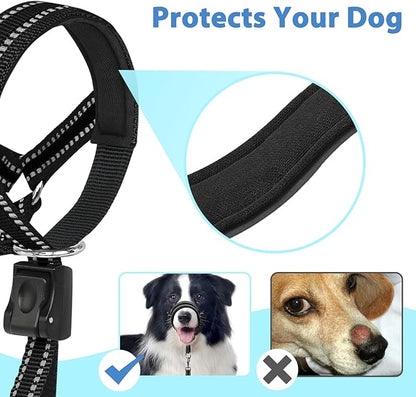 BARKLESS Soft Dog Head Collar, Patented Padded No Pull Head Halter, Training Nose Leash with Safety Link for Medium Large Dogs, Adjustable Muzzle Leash, Easy Control for Walking(Black, M)