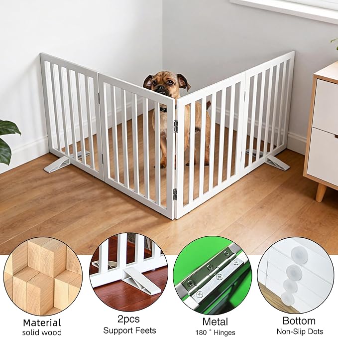ZJSF Freestanding Indoor Dog Gate for House Foldable Wood White Puppy Gate for Doorways Pet Gate for Stairs Extra Wide Pet Fence 32" Height 4 Panels