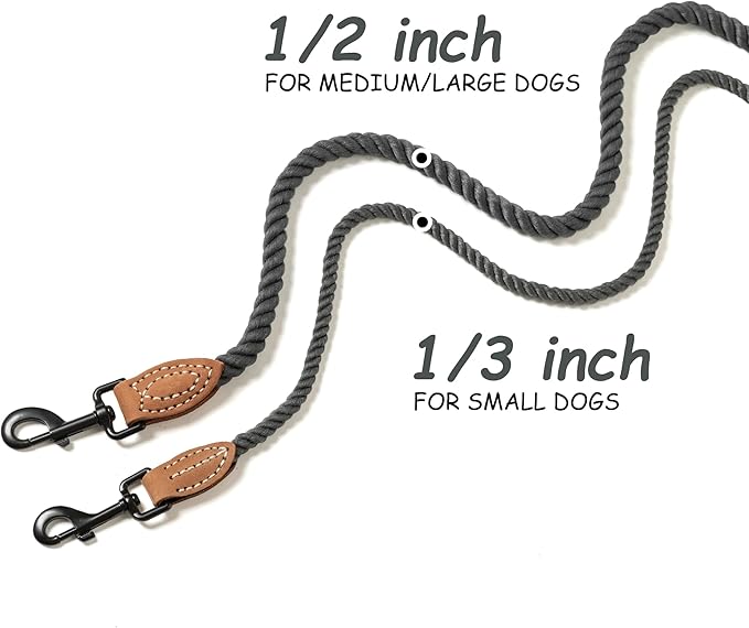 Mile High Life Dog Leash, Braided Cotton Rope Leashes with Leather Tip - Heavy Duty Metal Clasp, 4FT, 1/3" Thick - Wedding, Walking Leash for Small Medium Dogs(Dark Gray)