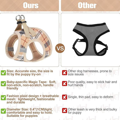 BEAUTYZOO Small Dog Harness and Leash Set,Step in No Choke No Pull Soft Mesh Dog Harnesses Reflective for Extra-Small/Small Medium Puppy Dogs and Cats, Plaid Dog Vest Harness for XS S Pets, Beige L