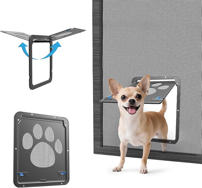 PETLESO Small Dog Door for Screen Door, Cat Door 8"×10" Magnetic Flap Self-Closing, Pet Screen Door for Sliding Door, Puppy Doggy and Cat Door Built in Screen, Lockable, Black S