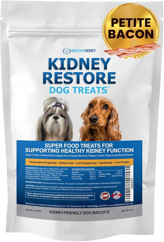 Kidney Restore Bacon Dog Treats 16oz for Petite Dogs. Low Protein Kidney Support for Small Dogs. Renal Treats for Any Kidney Dog Diet.