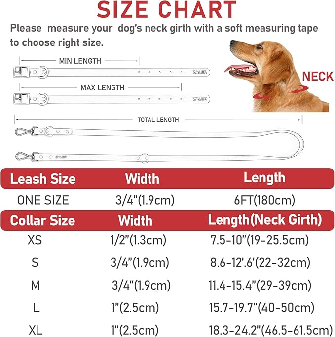ZALER Dog Collar and Leash Set, Waterproof Adjustable Odor Proof Pet Collars Leashes Easy to Clean, 6FT Dog Leash with 2 Hooks for Large, Medium Small Dogs (M, Red)