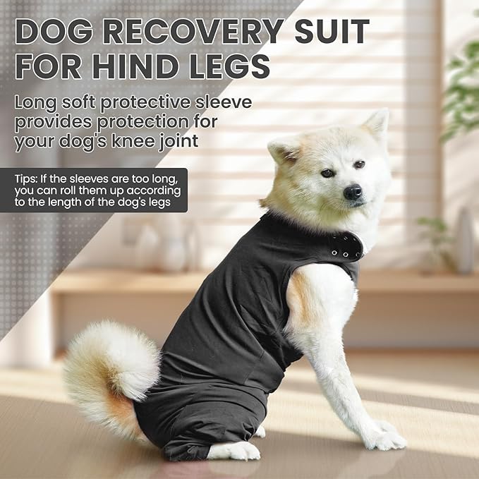 IDOMIK Dog Recovery Suit,Thigh Wound Protective Sleeve for Dogs,Anti Licking Dog Rear Leg Sleeve,Male Female Dog Surgical Clothes,Dog Surgical Suit with Pants Cover,Cone Collar Alternative,Black,XL