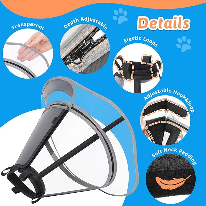 Extended Dog Cone to Stop Licking, Adjustable Depth, Transparent Recovery Collar for Large Medium Dogs, Soft E-Collar After Surgery Neuter with Reflective Strip for Night Visibility XL