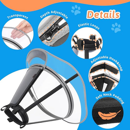 Extended Dog Cone to Stop Licking, Adjustable Depth, Transparent Recovery Collar for Large Medium Dogs, Soft E-Collar After Surgery Neuter with Reflective Strip for Night Visibility XL