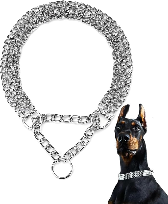Dog Chain Collar, Heavy Duty Silver Triple Row Martingale Chain Dog Collars, Chew Proof Metal Cuban Link Dog Collar Adjustable for Small Medium Large Breed Dogs (3 Row, S)