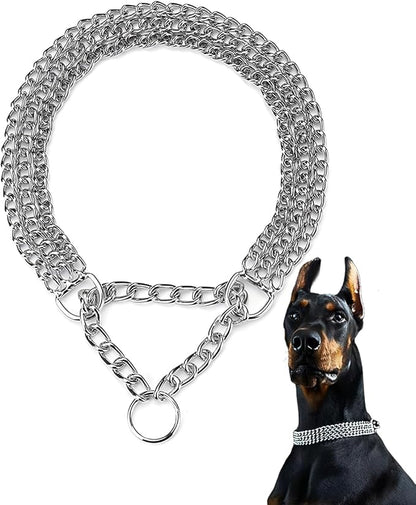 Dog Chain Collar, Heavy Duty Silver Triple Row Martingale Chain Dog Collars, Chew Proof Metal Cuban Link Dog Collar Adjustable for Small Medium Large Breed Dogs (3 Row, S)
