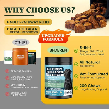 Dog Allergy Chews is Collagen Omega 3 Human Anti Itch Relief for Dogs Multivitamin Itching Skin Relief and Aller Immune Pet Allergy Chews Coat Licking Supplement Pills Meds Treats 200 Bites for Dogs