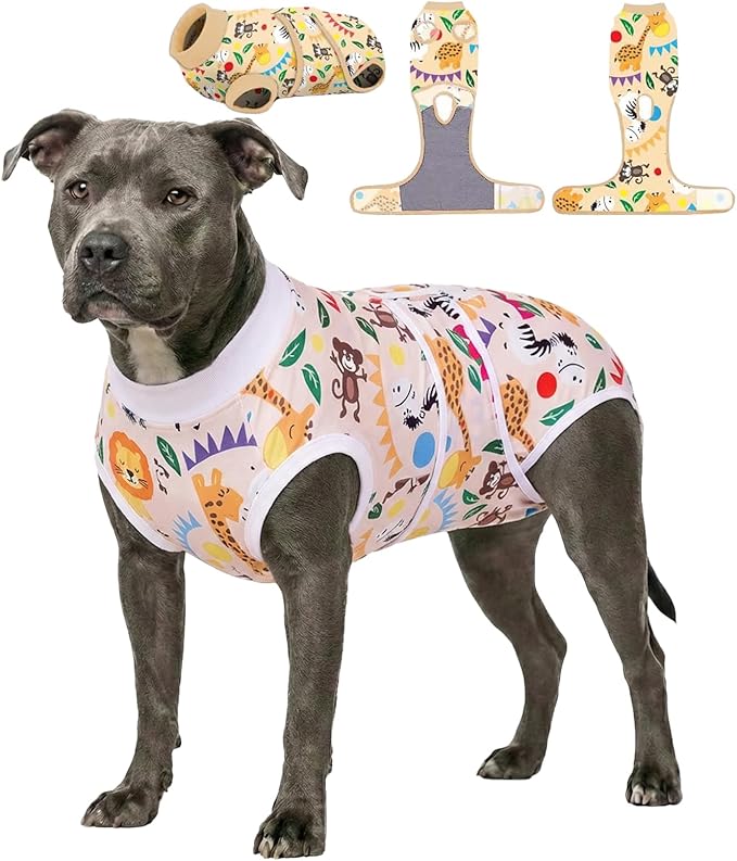 PetWarm Dog Recovery Suit Male After Surgery, Substitute E-Collar Cone Prevent Licking Onesies for Dogs, Dog Surgery Recovery Suit, Female Male Onesie for Dogs Spay Neuter, Zoo Pattern, Yellow, XL