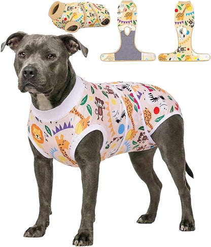 PetWarm Dog Recovery Suit Male After Surgery, Substitute E-Collar Cone Prevent Licking Onesies for Dogs, Dog Surgery Recovery Suit, Female Male Onesie for Dogs Spay Neuter, Zoo Pattern, Yellow, XL