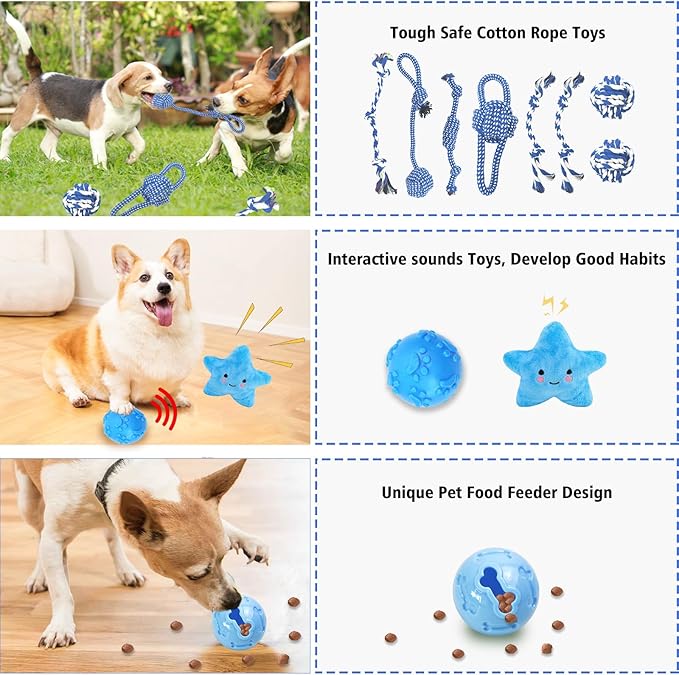 MRSOHRET Upgraded 21Pcs Puppy Chew Toys - Blue Puppy Chew Toys Bundle for Teething, Puppies Teething Toys with Durable Rope Rubber Ball, Pet Interactive Toys for Small Medium Dogs with Basket