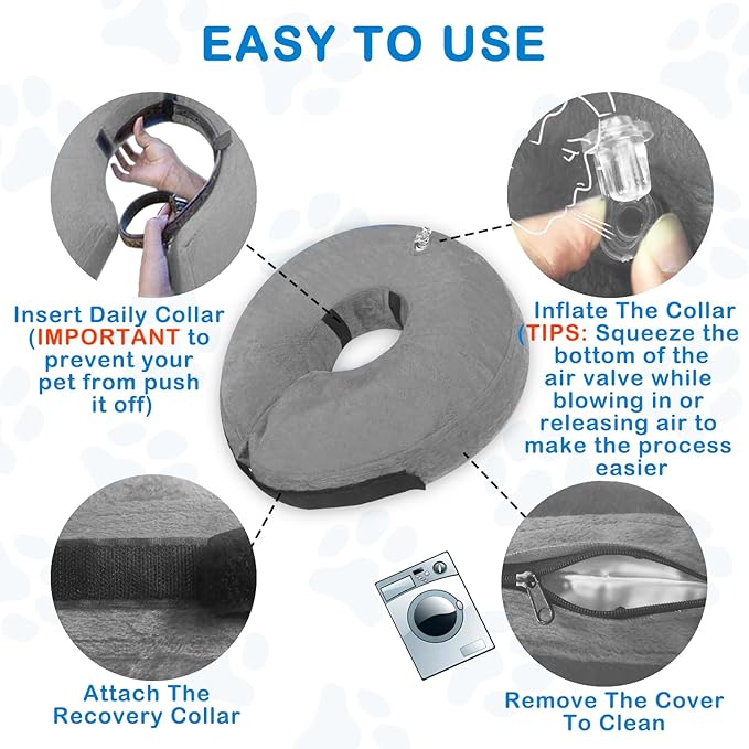 Inflatable Dog Cone Collar, Soft Dog Cone Blow-up Protective Recovery Collar, Grey (L Size)