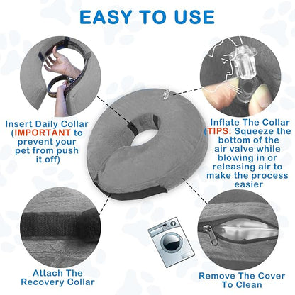 Inflatable Dog Cone Collar, Soft Dog Cone Blow-up Protective Recovery Collar, Grey (L Size)