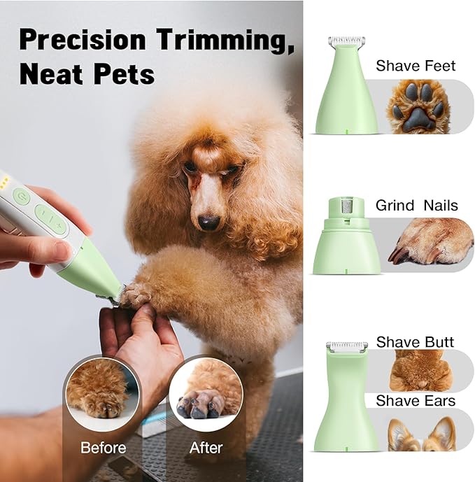 Dog Grooming Kit, Dog Clippers for Grooming for Thick Heavy Curly Coats, Professional Pet Paw Trimmer with Nail Grinder Low Noise Rechargeable Stainless Steel Hair Trimmer for Dogs Cats